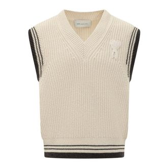 Ami Sleeveless Knitwear, male, Beige, Size: S V Neck Sleeveless Sweater