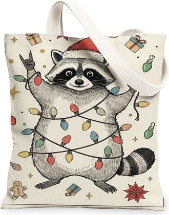Generic Christmas Raccoon Canvas Tote Bags, Holiday Animal Pattern Reusable Bags, Lightweight Washable Shoulder Strap Canvas for Tr, Cream, 13x15 Inch