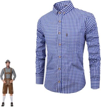 Generic Classic German Trachten Checked Shirt for Men Long Sleeve Oktoberfest Costume Bavarian Slim Fit Plaid Check Shirts with Button Down Front and Chest Po