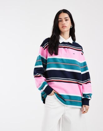 Tommy Jeans Camicia taglio comodo stile rugby rosa/verde a righe-Multicolore