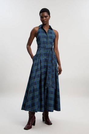 Karen Millen Womens Check Print Taffeta Belted Woven Maxi Shirt Dress - Navy - Size 12 UK