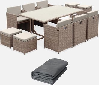 Sweeek Mesa De Jard&iacute;n Encastrable Resina Con 10 Sillones + Cobertor