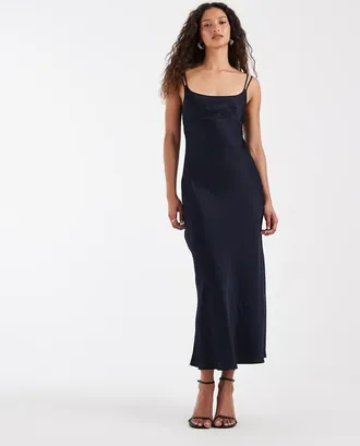 & Other Stories Vestito lungo in raso blu navy con taglio sbieco