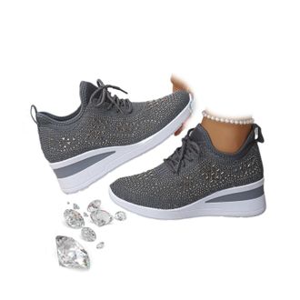 Generic Womens Glittery Rhinestone Fashion Breathable Wedge Sneakers, Sparkly Bling Wedding Dressy Tennis Shoes for Bride, Orthopedic Wedge Sneakers (Grey,3.5