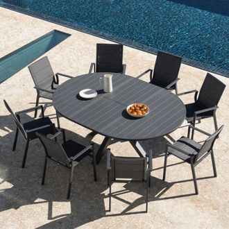 Sklum Set De Mesa Extensible Redonda 145-200x145 Cm Barces Y 8 Sillas De Jard&iacute;n Apilables Con Reposabrazos En Aluminio Karena Sklum