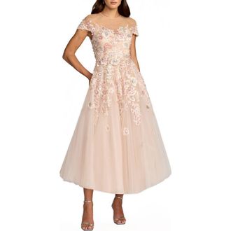 Mac Duggal Embroidered Tulle Illusion Neck Cap Sleeve Dress in Blush Multi at Nordstrom, Size 14