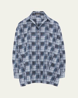 Eskandar A-Line Patchwork Plaid Cotton Shirt