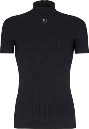 Fendi Turtleneck Ribbed Short Sleeve Top, Size Medium