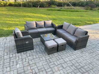 Fimous Outdoor Rattan Garden Furniture Set Conservatory Patio Sofa Coffee Table With Reclining Chair 2 Small Footstools Dark Grey Mixed