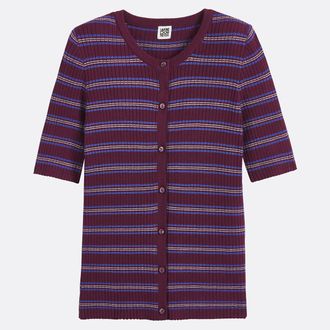 La Redoute Collections Gestreept vest, 3/4 mouwen, ronde hals, fijn tricot, knoopsluiting