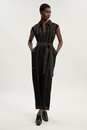 Karen Millen Womens Tall Premium Linen Twill Topstitch Woven Jumpsuit - Black - Size 12 UK
