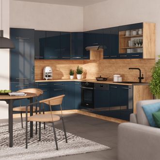 Vicco Cocina Esquinera Fame-line, Azul Oscuro Alto Brillo/roble Dorado, 227 X 287 Cm, Et Antracita