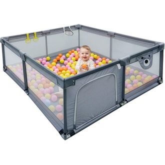 Relaxdays Relaxdays Box per bambini, 200 x 200 cm, box giochi, 50 palline, 2 anelli, angolo giochi sicuro, tessuto Oxford, grigio