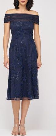 JS Collections Gemma Beaded Floral Off the Shoulder Cocktail Dress in Navy at Nordstrom Rack, Size 10