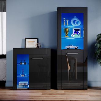 Elegant Lighting Black Display Cabinet Set High Gloss Living Room Set Bookcase Sideboard Cupboard with Multicolour led Light - Elegant