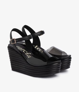Pedro Garcia Wedge sandal in black leather with vinyl stripe | Danila | Fall winter 25 | PEDRO GARCIA