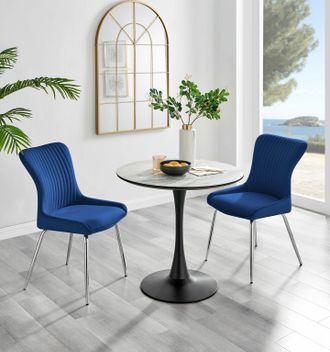 Furniturebox Elina White Marble Effect Scratch Resistant Dining Table & 2 Nora Silver Leg Velvet Chairs in Blue