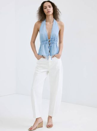 Mango Top denim scollo a V fiocco azzurro - Donna - XS - MANGO