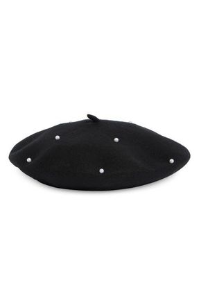 Tasha Imitation Pearl Wool Blend Beret in Black at Nordstrom