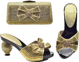 Generic Womens Shoes and Bag Set Stiletto High Heel Slip On Shoes Matching Full Rhinestone Flower Evening Handbag