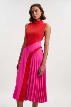 Karen Millen Womens Soft Tailored Colour Block High Neck Pleated Midi Dress - Pink - Size 6 UK