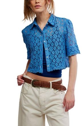 Free People Mannie Floral Lace Button-Up Crop Shirt in Blissful Blue at Nordstrom, Size X-Small