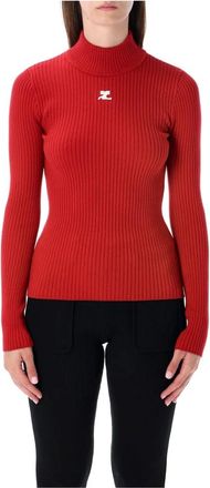 Courr&egrave;ges Reedition Ribgebreide Mockneck Trui - Dames - Coltruien - Rood - M - Polyester - Truien & Vesten