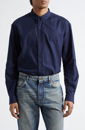 Balmain Monogram Embroidery Cotton Button-Down Shirt in Marine at Nordstrom, Size 40 Us