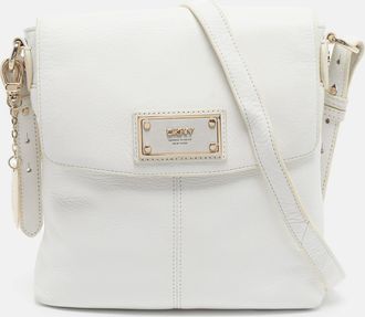 DKNY Dkny Logo Flap White Leather Crossbody Bag