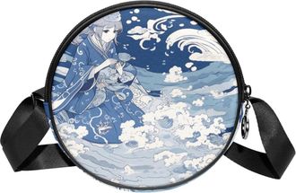 Generic Circle Crossbody Bag for Women, Cartoon Girl Wave Small Sling Bag Daypack with Zipper Adjustable Shoulder Straps Casual Ladies Girls Round Purse