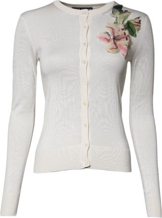 Dolce & Gabbana Womens Floral Embellished Silk Cardigan White Glass Polyester Clothing