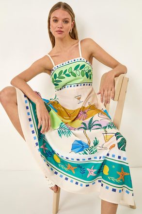 Roman Beach Print Strappy Midi Dress