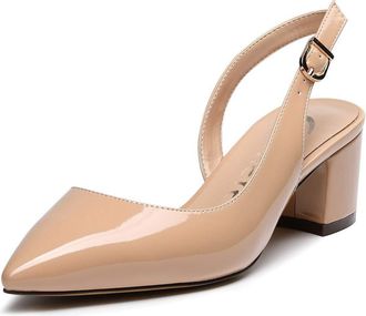 Castamere Womens Slingback Chunky Block Heels Sandals Pointed Toe Mid-Heel Court Shoes 2IN Beige Patent Pumps UK 6.5