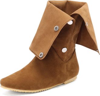 Generic Womens Ankle Boots Round Toe Flat Heels Fold-Over Button Strap Comfortable Non-Slip Wear-Resistant for Daily Casual Shopping Outdoor Stroll,Brown,11.5
