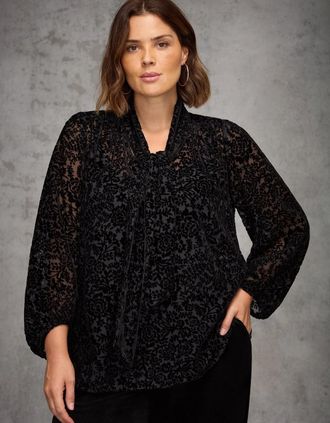 Live Unlimited London Womens Black Burnout Velvet Tie Neck Blouse - Size: 14