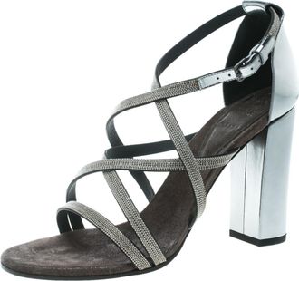 Brunello Cucinelli Monili Beaded Silver Leather Sandals Size 38
