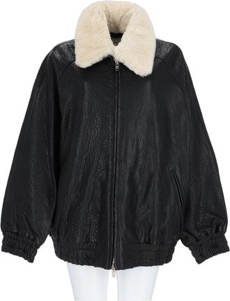 Stand Studio Black Shearling Collar Lambskin Leather Jacket