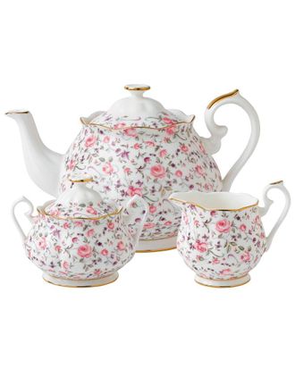 Royal Albert Rose Confetti 3Pc Teapot Sugar Cream Vintage Set With $28 Credit