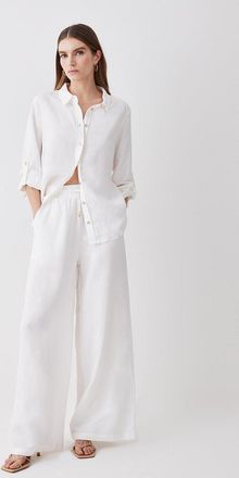 Karen Millen Womens Linen Wide Leg Woven Trouser - White Cotton - Size 12 UK