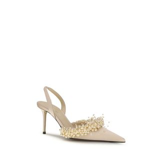 Mach & Mach Womens Pearl-Embellished Silk Slingback Heel Beige Leather Lining