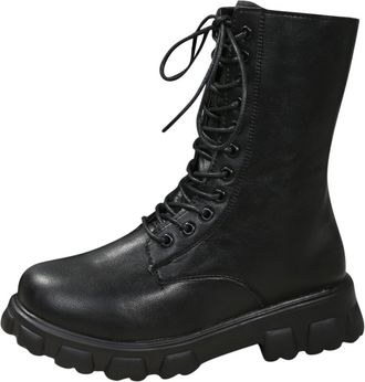 Generic Womens Lace-Up Mid Calf Combat Boots Fashion Chunky Grip Sole Boots Ladies Winter Retro Combat Goth Biker Military Army Shoes Side Zipper Platform Boo