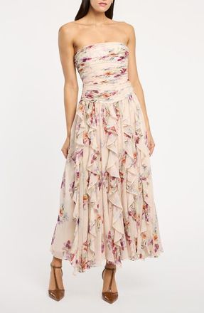 Cinq &agrave; Sept Gayla Iris Print Strapless Maxi Dress in Oatmilk Multi at Nordstrom, Size 14