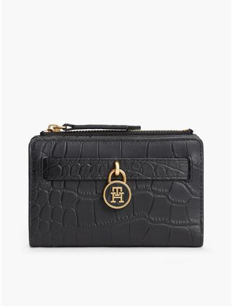 Tommy Hilfiger Womens Croc-Embossed Leather Bifold Wallet - Black