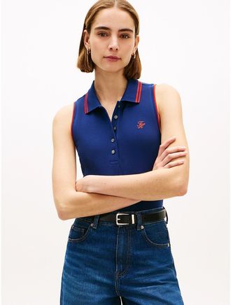 Tommy Hilfiger Womens Slim Fit Sleeveless Script Monogram Polo - Navy - XL