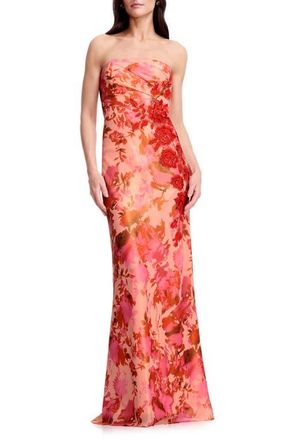 Dress The Population Kinley Floral Appliqu&eacute; Strapless Gown in Peach Multi at Nordstrom, Size Xx-Large