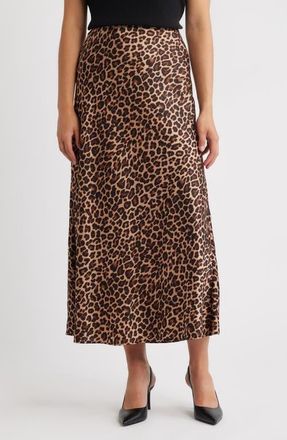 Anne Klein Print Pull-On Satin Bias Cut Skirt in Brown/Anne Black Multi at Nordstrom, Size Medium
