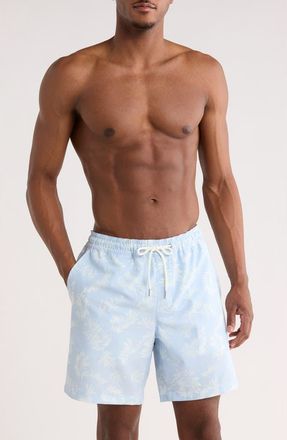 Nordstrom 7-Inch Seersucker Swim Trunks in Blue Breeze Loose Leaves at Nordstrom, Size Xx-Large