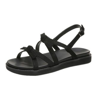 Generic Women Flat Sandals Double Bowknots Strap Sandal Fashion Walking Sandals Solid Color Leather Sandal Comfortable Soft Sole Shoes Wide Casual Shoes Sling
