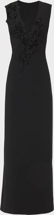 Costarellos Jevi Embellished V-Neck Crepe Sleeveless Column Gown
