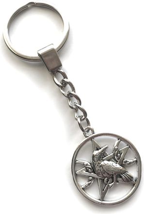 Generic KEYRING - Crow Moon And Pentagram - Silver Plated. 30mm Split Ring. Goth Emo Rock. Key Ring. Raven Crow